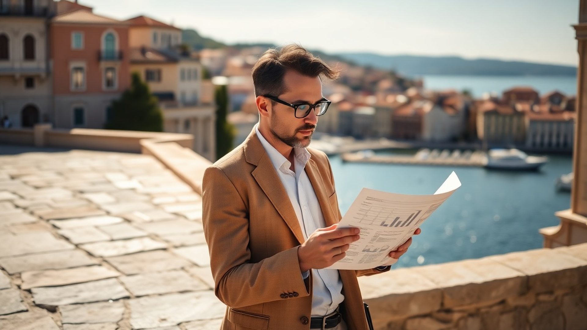 Ekonomist čita ispis podataka na sunčanoj kamenoj terasi u dubrovačkoj staroj gradskoj jezgri